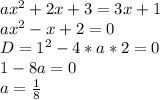 ax^2+2x+3=3x+1\\&#10;ax^2-x+2=0\\&#10;D=1^2-4*a*2=0\\&#10;1-8a=0\\&#10;a=\frac{1}{8}