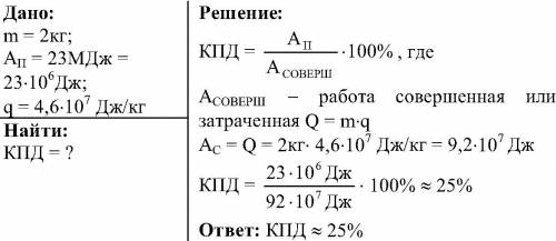 Израсходовано 2 кг бензина,двигатель совершил работу,равную 23 мдж. определите кпд двигателя)