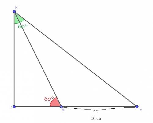 Впрямоугольном треугольнике кре угол р=90, угол к=60. на катете ре отметили точку м так, что угол км