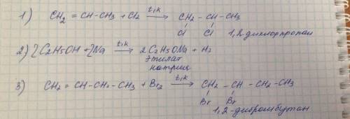 A) пропен с хлором b) этанол с натрием c)бетен-1 с бромом