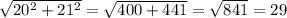 \sqrt{ 20^{2}+ 21^{2} } = \sqrt{400+441} = \sqrt{841}=29