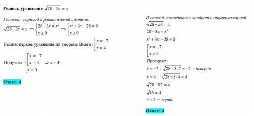 Уравнение. под корнем 28-3х корен заканчивается =х. сколько будет ответ ?