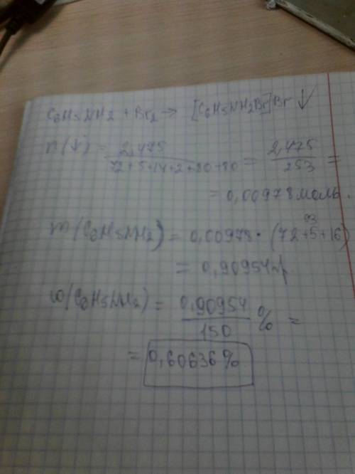 При взаимодействии брома с анилином в орг.растворе массой 150 г выпал осадок 2.475 г. определите мас