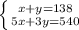 \left \{ {{x+y=138} \atop {5x+3y=540}} \right.