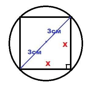 Радиус окружности, описанной около квадрата, равен 3 см. определите сторону квадрата. если не сложно