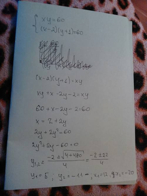 Решите систему: xy = 60 (x-2) (y+1) = 60