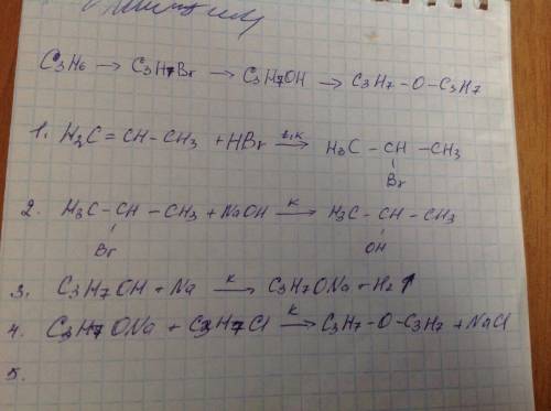 Сцепочкой превращения. пропен-> бромпропан-> пропиловый спирт-> пропилат натрия-> дипроп