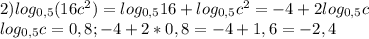 2) log_{0,5}(16c^{2})= log_{0,5}16+ log_{0,5}c^{2}=-4+2 log_{0,5}c \\ &#10; log_{0,5}c=0,8;-4+2*0,8=-4+1,6=-2,4 \\