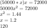 (50000*x)x=72000 \\ &#10;50000x^2=72000 \\ &#10;x^2=1.44 \\ &#10;x=1.2 \\ &#10;120%-100%= 20%