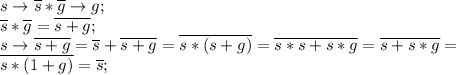 s \rightarrow \overline{s}*\overline{g} \rightarrow g; \\ \overline{s}*\overline{g}=\overline{s+g}; \\ s \rightarrow \overline{s+g}=\overline{s}+\overline{s+g}=\overline{s*(s+g)}=\overline{s*s+s*g}=\overline{s+s*g}= \\ \overline{s*(1+g)}=\overline{s};