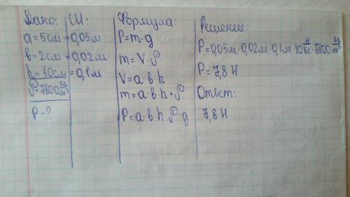 Определите вес железного бруска в форме прямоугольного параллелепипеда его длина 5 см ширина 2 см а