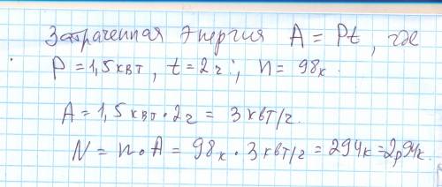 Вычислите стоимость электроэнергии, израсходованной электрической плитой мощьностью 1,5 квт за 2 час