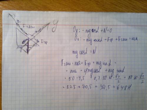 Тело массой m=50кг поднимается по наклонной плоскости с углом основания α=45, под действием силы fт