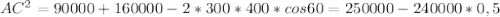 AC^{2}=90000+160000-2*300*400*cos 60=250000-240000*0,5