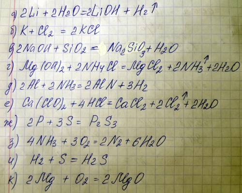 Продолжите и уровняйте 1) li + h2o = ? 2) k + cl2 = ? 3) p + s = ? 4) h2 + o2 = ?