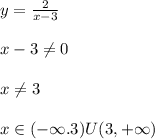 y=\frac{2}{x-3}\\\\x-3\ne 0\\\\x\ne 3\\\\x\in (-\infty.3)U(3,+\infty)