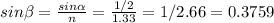 sin \beta = \frac{sin \alpha }{n} = \frac{1/2}{1.33} =1/2.66=0.3759