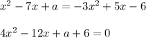 x^2-7x+a =-3x^2+5x-6\\\\4x^2-12x+a+6=0