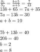 \frac{S_{1}}{S_{2}}=\frac{b+5}{a+5}=\frac{7}{13}\\ 13b+65=7a+35 \\ 7a-13b=30\\ a+b=10\\\\ 7b+13b=40\\ 20b=40\\ b=2\\ a=8