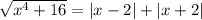 \sqrt{x^4+16}=|x-2|+|x+2|