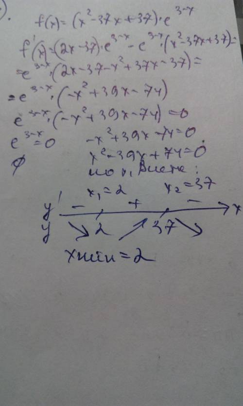 Найдите точку минимума функции f(x)=(x2−37x+37)⋅e^3−x.