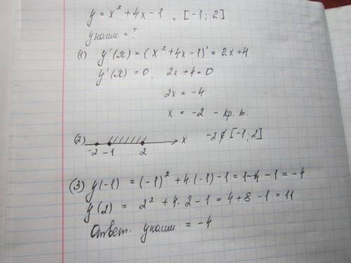 Найдите наименьшее значение функции y=x^2 + 4x-1 на отрезке [-1; 2]