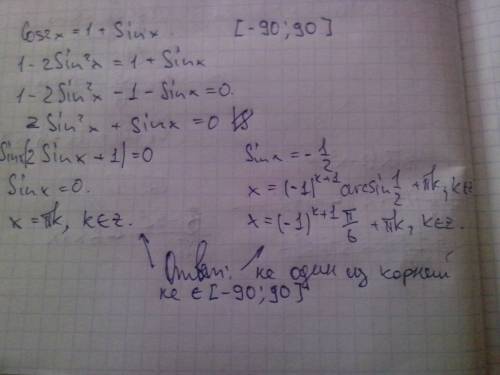 Сколько корней имеет уравнение cos2x=1+sinx на отрезке [-90: 90]