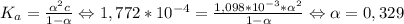 K_a = \frac{ \alpha ^{2}c}{1- \alpha } \Leftrightarrow 1,772*10^{-4} = \frac{1,098*10^{-3} * \alpha ^{2}}{1- \alpha } \Leftrightarrow \alpha = 0,329