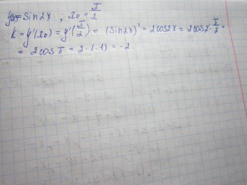 Найдите угловой коэффициент касательной к графику функции у=sin2[ в точке х0=п/2