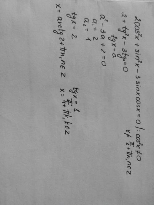 Решить уравнение 2 cos^2x+sin^2x-3sinxcosx=0