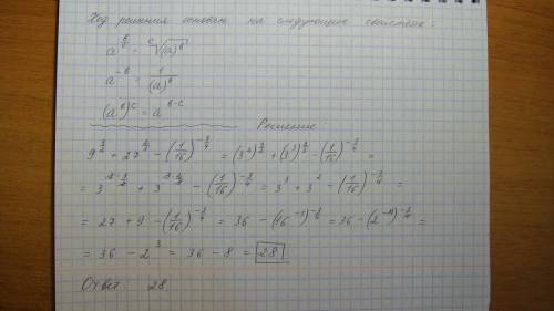 Вычислите значение выражения 9^3/2+27^2/3-(1/16)^-3/4