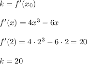 k=f'(x_0)\\\\f'(x)=4x^3-6x\\\\f'(2)=4\cdot 2^3-6\cdot 2=20\\\\k=20