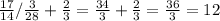 \frac{17}{14} / \frac{3}{28} + \frac{2}{3} = \frac{34}{3} + \frac{2}{3} = \frac{36}{3} =12