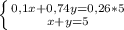 \left \{ {{0,1x+0,74y=0,26*5} \atop {x+y=5}} \right.