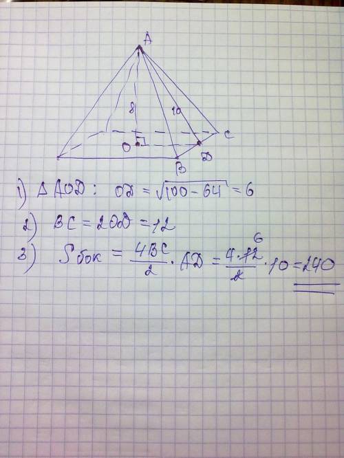 Апофема правильної чотирикутної піраміди дорівнює 10 см, її висота - 8 см . визначте площу бічної по