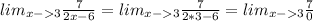 lim_{x-3} \frac{7}{2x-6}= lim_{x-3}\frac{7}{2*3-6} = lim_{x-3}\frac{7}{0}