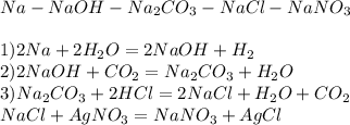 Na-NaOH-Na _{2} CO _{3} -NaCl-NaNO _{3} \\ \\ &#10;1)2Na+2H _{2} O=2NaOH+H _{2} \\ 2) 2NaOH+CO _{2} =Na _{2} CO _{3} +H _{2} O \\ 3) Na _{2} CO _{3} +2HCl=2NaCl+H _{2} O+CO _{2} \\ NaCl+AgNO _{3} =NaNO _{3} +AgCl