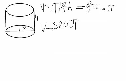 Обчислит объем цилиндра радиус основания которого равняеться 9 см а твирная -4см
