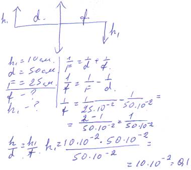 Предмет высотой 10 сантиметров на удалении 50 сантиметров от выпуклой линзы имеющий фокусное расстоя