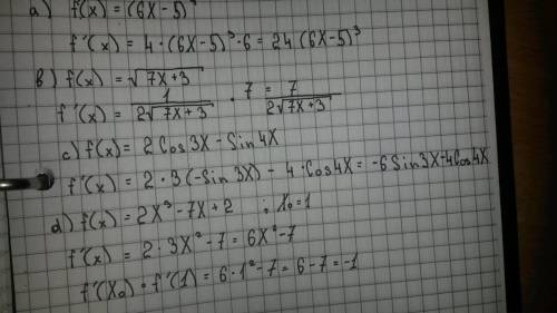 Найти производную. a) f(x)=(6x-5)^4 b) f(x)=sqrt(7x+3), sqrt- √ c) f(x)=2cos3x- sin4x d) f(x)=2x^3-7