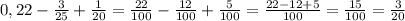 0,22-\frac{3}{25}+\frac{1}{20}=\frac{22}{100}-\frac{12}{100}+\frac{5}{100}=\frac{22-12+5}{100}=\frac{15}{100}=\frac{3}{20}