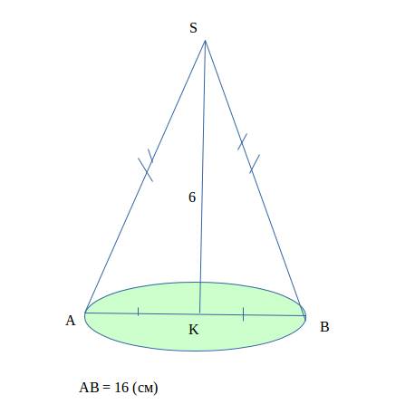 Конус. высота 6 см, диаметр основания 16 см. найдите площадь боковой поверхности