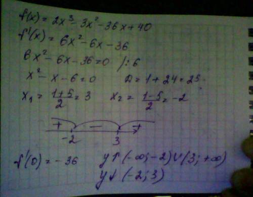 Найти промежутки возрастания, с объяснением если можно. заранее f (x)= 2x^3-3x^2-36x+40