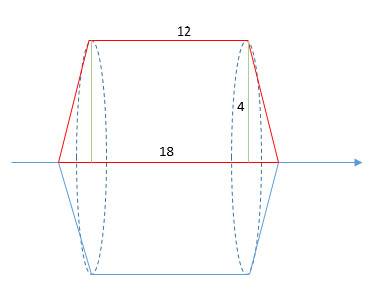 Равнобочная трапеция с основаниями 12см и 18см и высотой 4см врацается около большого основания. най