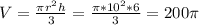 V= \frac{ \pi r^2h}{3} = \frac{ \pi *10^2*6}{3} =200 \pi