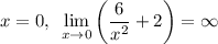 $x=0,~\lim\limits_{x\rightarrow 0}{\left({{6}\over{x^2}}+2\right)}=\infty $\break