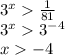 3^x \frac{1}{81} \\3^x3^{-4}\\x-4