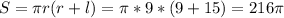 S= \pi r(r+l)= \pi *9*(9+15)=216 \pi