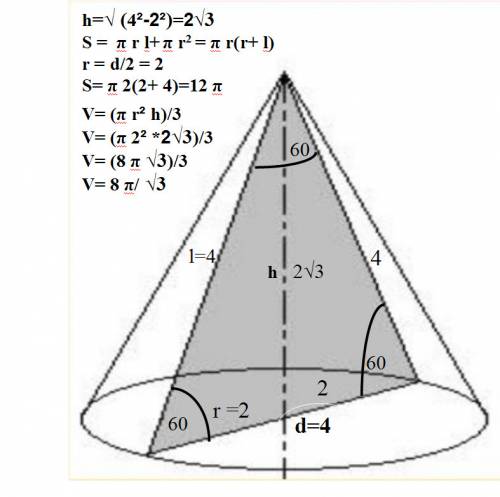 Осевое сечение конуса-равнобедренный треугольник, с основанием 4 см и углом при вершине 60 градусов.
