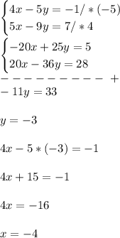 \\\begin{cases}4x-5y=-1/*(-5)\\5x-9y=7/*4\end{cases}&#10;\\&#10;\\\begin{cases}-20x+25y=5\\20x-36y=28\end{cases}&#10;\\--------- \ +&#10;\\-11y=33&#10;\\&#10;\\y=-3&#10;\\&#10;\\4x-5*(-3)=-1&#10;\\&#10;\\4x+15=-1&#10;\\&#10;\\4x=-16&#10;\\&#10;\\x=-4